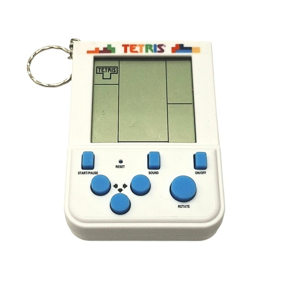 Tetris Mini Arcade Keychain Handheld Game Fizz Creations White Blue Retro Travel